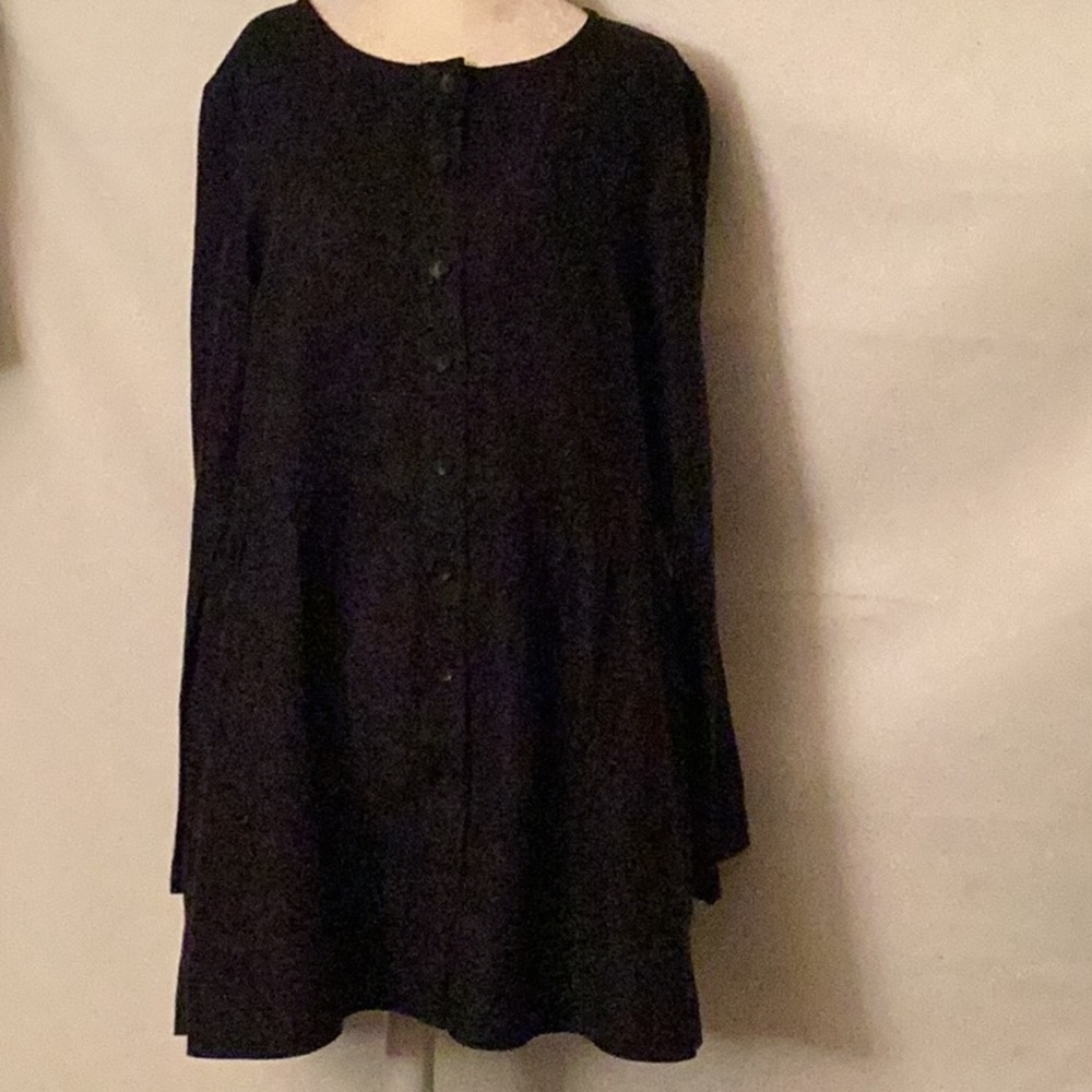 FLAX , Black, long sleeves, button down, hidden pockets linen tunic # P.